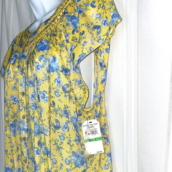 NWT Women's Size Large SKYE's THE LIMIT Yellow with Blue Flowers SS Blouse - Picture 6 of 10